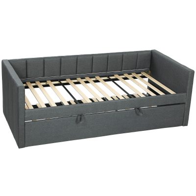 HOMCOM Cadru Pat Simplu 90x190 cm, Canapea cu Al Doilea Pat Extensibil, Tetieră Căptușită, Cotiere, Lamele din Lemn de Plop, pentru Cameră Living Oaspeți, Fără Saltea, Gri Închis | Aosom Romania