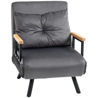 HOMCOM Canapea Extensibilă cu Spătar Reglabil pe 5 Nivele, Canapea Pat Individuală Pliabilă cu Perne, 63x73x81 cm, Gri | Aosom Romania