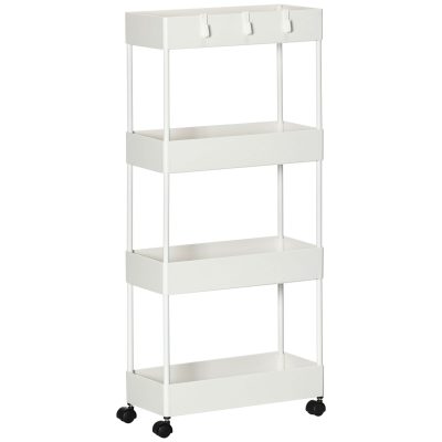 HOMCOM Cărucior Bucătărie Multifuncțional cu 4 Polițe și 3 Cârlige, Oțel și Plastic, 40x19x90 cm, Alb | Aosom Romania