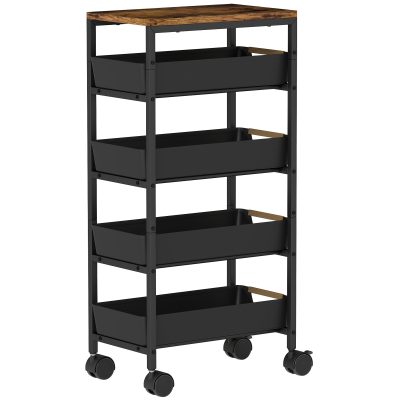 HOMCOM Cărucior de bucătărie cu 5 niveluri și 4 coșuri detașabile, din metal, PP și PAL, 39,5x24x82 cm, negru/stejar | Aosom Romania