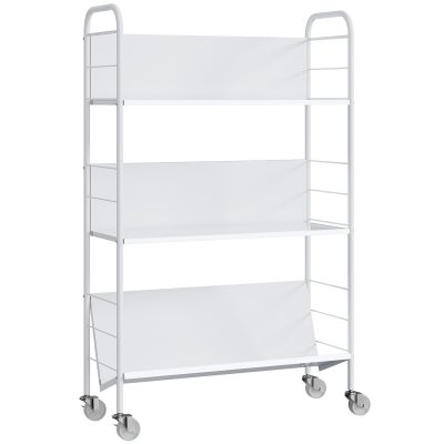 HOMCOM Cărucior Modern pentru Cărți cu 3 Nivele și Roți Pivotante pentru Cărți și Reviste, 69x26x108 cm, Alb | Aosom Romania