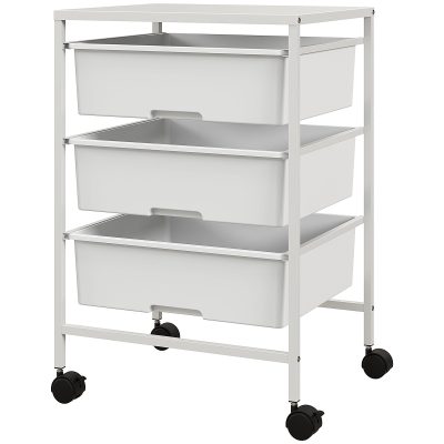 HOMCOM Cărucior Multifuncțional cu 3 Coșuri și Roți, Cărucior pentru Bucătărie și Birou din Oțel și Plastic, 40.8x33.5x60.5 cm, Alb | Aosom Romania