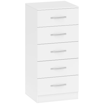 HOMCOM Comodă cu 5 Sertare, Design Modern, Slim, cu Mânere Argintii, Ideală pentru Dormitor, Cameră, Hol sau Living, Dimensiuni 40x35x85 cm, Alb | Aosom Romania