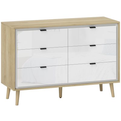 HOMCOM Comodă cu 6 Sertare din Lemn 110x40x75 cm Alb Lucios și Stejar | Aosom Romania