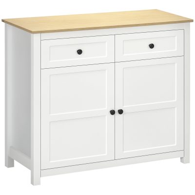 HOMCOM Comodă mobilier de depozitare cu 2 uși și raft reglabil în înălțime 2 sertare 100 x 40 x 85 cm alb și aspect lemn | Aosom Romania