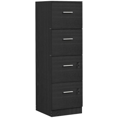 HOMCOM Dulap de Birou cu 4 Sertare, 2 Încuietori și Bare pentru Dosare Suspendate, cu Aspect de Lemn, 40x42x130,8 cm, Negru | Aosom Romania