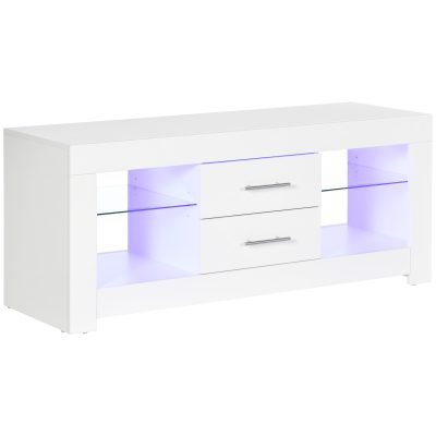 HOMCOM Comodă TV Modernă 55" cu LED RGB (12 Culori), Telecomandă Inclusă, Lemn cu Etajere din Sticlă, Dimensiune 120x40x50cm, Alb | Aosom Romania