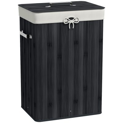 HOMCOM Coș de rufe, cutie rufe, colector de rufe cu capac, sac din pânză, bambus, pliabil, 72L, Negru 40 x 30 x 60 cm | Aosom Romania