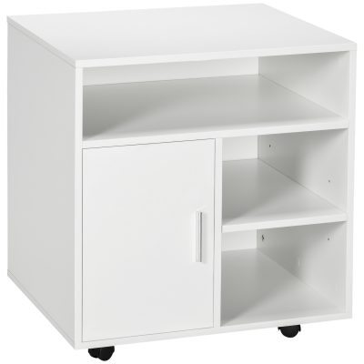 HOMCOM dulap cu sertare, cu 4 roti si 2 frane, usor de mutat, Dulap birou din Lemn, cu Rafturi Deschise, 60x50x65.5cm, Alb | Aosom Romania