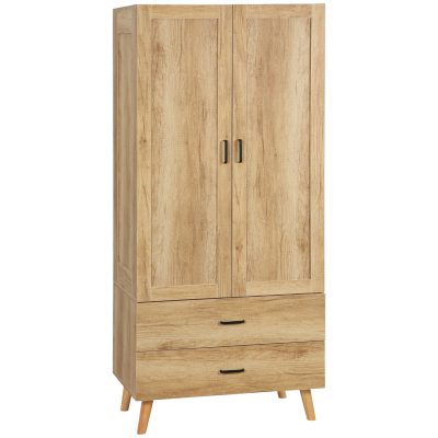 HOMCOM Dulap Dormitor 2 Uși cu 2 Sertare și Bară pentru Umerașe 80x54x180 cm Lemn | Aosom Romania