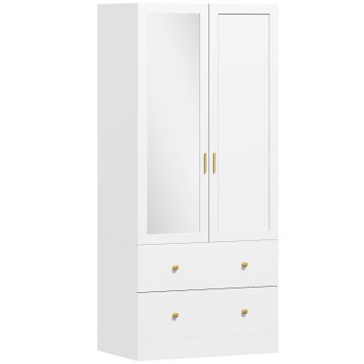 HOMCOM Dulap dormitor cu bară de suspendare și oglindă, 2 uși, 2 sertare, 80 x 50 x 180 cm, alb | Aosom Romania