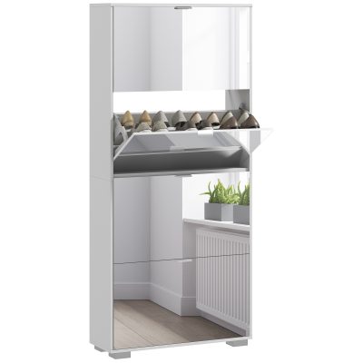 HOMCOM Dulap pentru Depozitarea Încălțămintei cu Uși, Oglindă și 3 Sertare Rabatabile, 76x26x168 cm, Alb | Aosom Romania