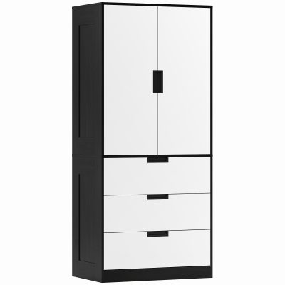 HOMCOM Dulap pentru Dormitor cu 2 Uși cu Închidere Amortizată, 3 Sertare, PAL, 80x50x180 cm, Alb și Negru | Aosom Romania