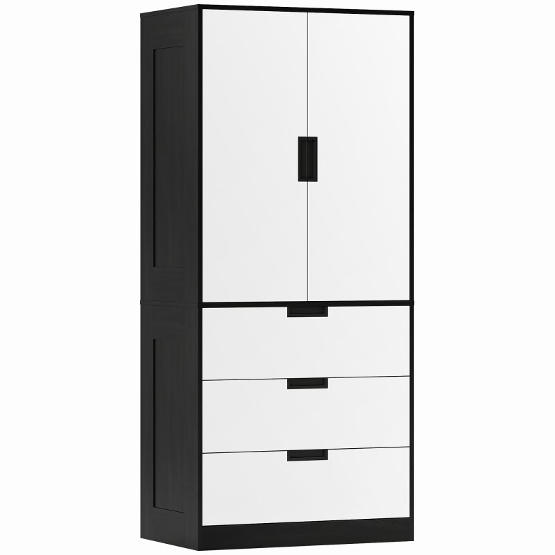 HOMCOM Dulap pentru Dormitor cu 2 Uși cu Închidere Amortizată, 3 Sertare, PAL, 80x50x180 cm, Alb și Negru | Aosom Romania