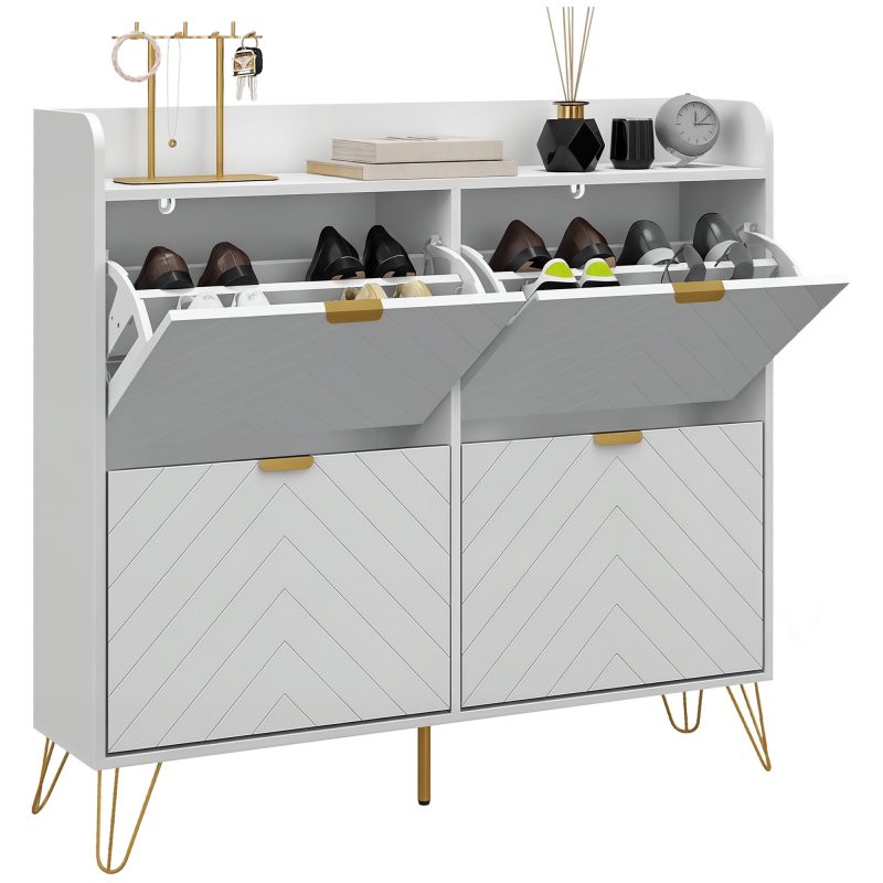 HOMCOM Pantofar Slim, 4 Clapete Rabatabile, Rafturi Reglabile, 4 Orificii de Aerisire, Blat Superior, pentru 16 Perechi, Alb | Aosom Romania