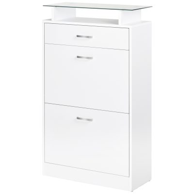 HOMCOM Dulap pentru Pantofi cu 2 Uși pe 2 Niveluri, Sertar și Raft din Sticlă, Dulap pentru Pantofi, 60x24x105,5 cm, Alb | Aosom Romania