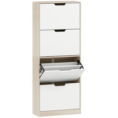 HOMCOM Dulap Subțire pentru Pantofi cu 4 Sertare pentru 16 de Perechi de Pantofi 62.5x26x156 cm, Culoare Lemn și Alb | Aosom Romania
