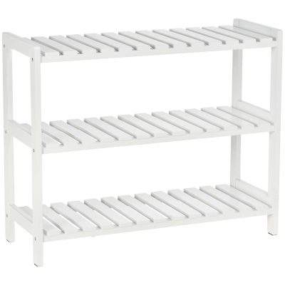 HOMCOM Etajeră pentru încălțăminte, suport pentru pantofi 3 niveluri, rafturi cu lamele, din lemn de pin， 70 x 26 x 57,5 cm, alb | Aosom Romania
