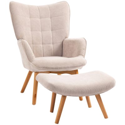 HOMCOM Fotoliu cu Taburet pentru Cameră sau Living din Catifea cu Model Crestat , Spătar Înalt și Brațe, 72x80x101 cm, Bej | Aosom Romania