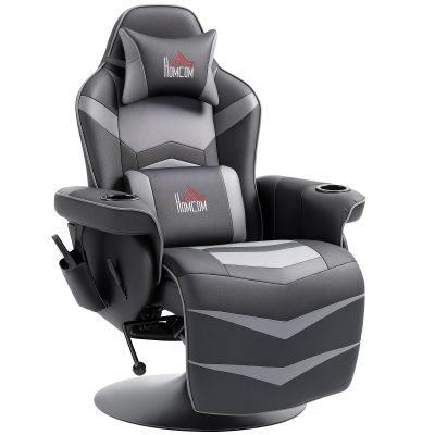 HOMCOM Fotoliu de gaming, funcție de masaj, spătar reglabil, suport pentru picioare, până la 120 kg, cadru din oțel, piele ecologică, Gri | Aosom Romania
