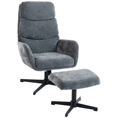 HOMCOM Fotoliu tapițat cu taburet, fotoliu lounge cu spătar înalt, bază metalică, pentru living, dormitor, gri | Aosom Romania