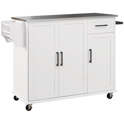 HOMCOM Insulă de Bucătărie Rulantă cu Depozitare, Sertar, 3 Dulapuri, Blat din Oțel Inoxidabil, Design Versatil, Alb | Aosom Romania