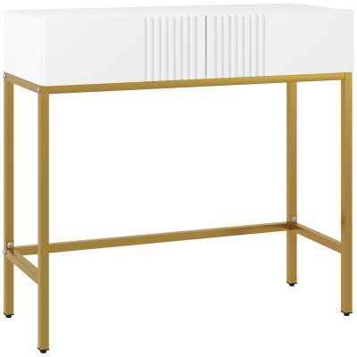 HOMCOM Masă Consolă cu 2 Sertare, Masă Modernă de Intrare cu Bază din Oțel în Ton Auriu, 80x31.5x75 cm, Alb | Aosom Romania