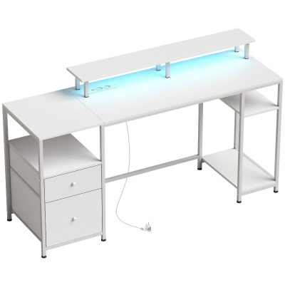 HOMCOM Masă de birou cu lumini LED, sertare, prize, porturi USB și suport pentru monitor 155,5x48x88,5 cm Alb | Aosom Romania
