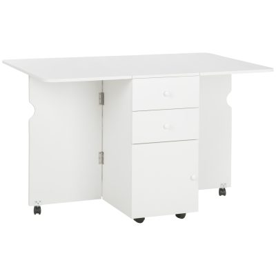 HOMCOM Masa de Bucatarie pliabila cu 2 Sertare si Dulapior cu Usi, Masa Plianta cu 6 Roti din PAL, 120x80x75 cm, Alb