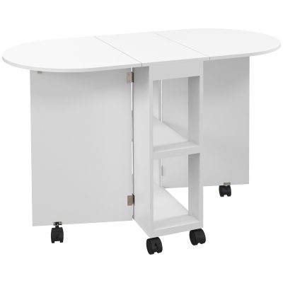 HOMCOM Masă pliabilă de dining pentru 2-4 persoane, 120x60x77 cm, cu 6 roți, 2 polițe, 2 extensii rabatabile, economisește spațiu, albă | Aosom Romania