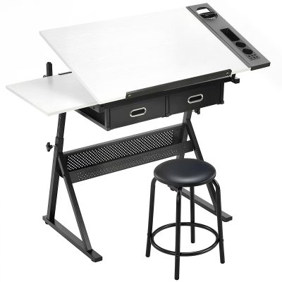 HOMCOM Masă de desen cu taburet și 2 sertare, înălțime reglabilă, blat înclinabil 0° à 60°, 120 x 60 x 68-92 cm, alb | Aosom Romania