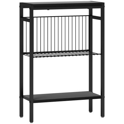 HOMCOM Masă laterală, design în 3 niveluri, rafturi cu aspect lemn, cadru din oțel, negru | Aosom Romania
