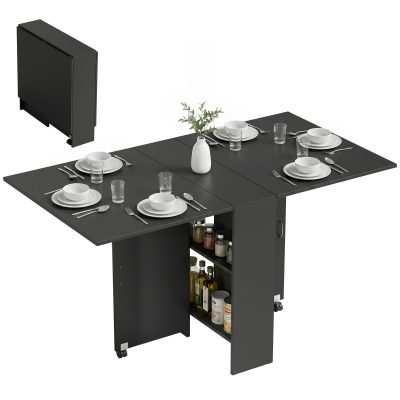 HOMCOM Masă Pliantă din Lemn cu Roți, pentru 4-6 Persoane, 75x140x75 cm, Negru | Aosom Romania