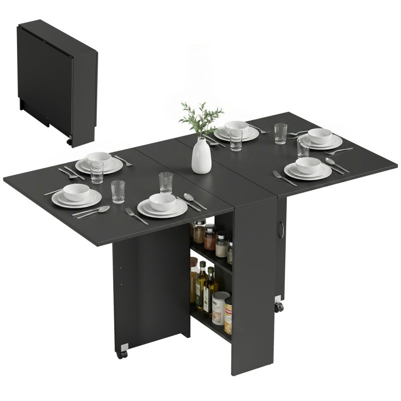 HOMCOM Masă Pliantă din Lemn cu Roți, pentru 4-6 Persoane, 75x140x75 cm, Negru | Aosom Romania