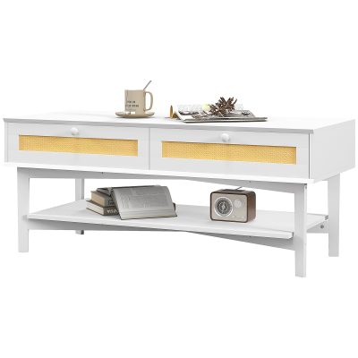 HOMCOM Măsuță de Cafea Dreptunghiulară cu 2 Sertare, Măsuță Boho Joasă din Ratan și Lemn, Dimensiuni 120x50x50 cm, Alb și Lemn Natural | Aosom Romania