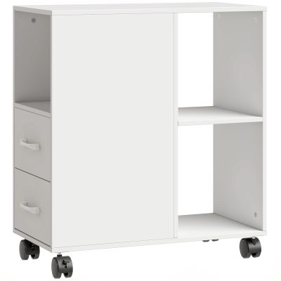 HOMCOM Măsuță de Living cu Roți, 2 Sertare, Raft Deschis și Poliță Reglabilă, Măsuță pentru Dormitor sau Living, 60x30x65 cm, Alb | Aosom Romania