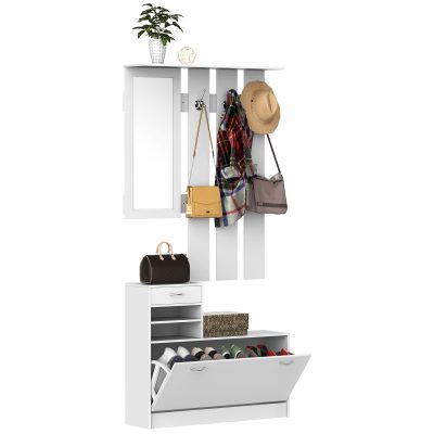 HOMCOM Mobila de Hol Moderna Garderoba Set Cuier, Oglinda si Dulap Pantofi 3 in 1, in Lemn Alb | Aosom Romania