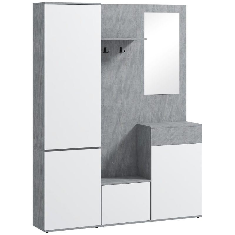 HOMCOM Mobilier 4 în 1 cu Oglindă, Cuiere și Rafturi Interioare Reglabile, Mobilier Multifuncțional, 145x29x184 cm, Gri | Aosom Romania