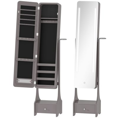 HOMCOM Oglindă-dulap pentru bijuterii cu lumini LED Dulap bijuterii cu oglindă full-length reglabilă pe unghi Sertar Oprire automată a luminilor Gri | Aosom Romania