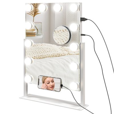 HOMCOM Oglindă Hollywood cu 12 becuri LED, luminos reglabil, rotație la 360°, magnificare 10X, atingere tactilă, alb | Aosom Romania