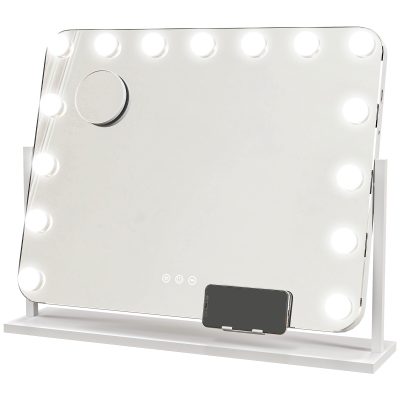 HOMCOM Oglindă Machiaj cu 15 LED-uri din Sticlă și Metal Alb | Aosom Romania