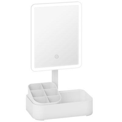HOMCOM Oglindă Machiaj cu LED-uri, Oglindă Vanity Reîncărcabilă cu Ecran Touch, 2 Moduri de Iluminare și Rotire 180°, Alb | Aosom Romania
