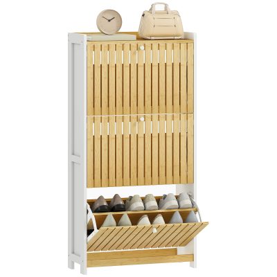 HOMCOM Pantofar Subțire cu 3 Uși din Bambus cu Lamele Rafturi Ajustabile pentru 18 Perechi de Pantofi Alb și Natural | Aosom Romania