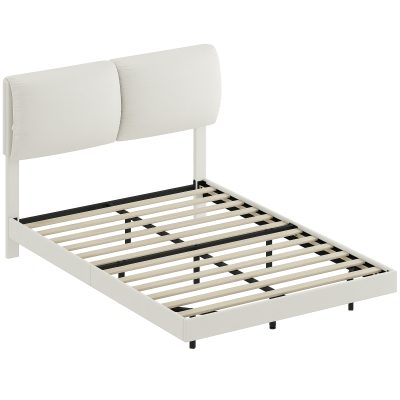 HOMCOM Pat dublu 135x190 cm Somier cu tăblie căptușită Efect plutitor Structură metalică Bej | Aosom Romania