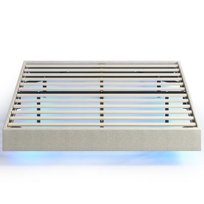 HOMCOM Pat Flotant 160 x 200 cm cu Iluminare LED Inteligentă, Cadru de Pat Dublu Tapițat în Țesătură cu Aspect de In, Montaj Ușor, Bej | Aosom Romania