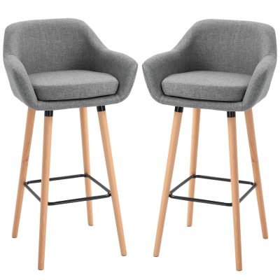 HOMCOM Scaun bar gri cu Pernă Confortabilă Lemn și Înveliș din Țesătură, Set 2 Scaune de Bar Moderne,55x48x100 cm | Aosom Romania
