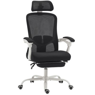 HOMCOM Scaun de Birou Rabatabil 135°, cu Suport pentru Picioare, Suport Lombar, Tetieră, Înălțime Reglabilă, din Plasă, Negru | Aosom Romania