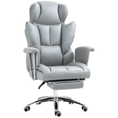 HOMCOM Scaun ergonomic de birou, căptușit, cu suport pentru picioare, spătar reglabil, rotativ 360°, Gri deschis | Aosom Romania