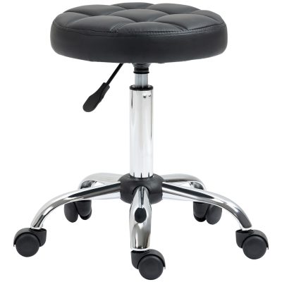 HOMCOM Scaun Rotativ cu Roti, Rotund, Scaun pentru Coafor și Estetician cu Înălțime Ajustabilă, Tapițat în Piele Ecologică, Ø35.5x51-67 cm, Negru