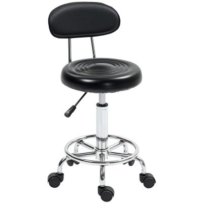 HOMCOM Scaun Rotativ Reglabil la 360°, Scaun Estetician cu Spătar, Roți și Suport pentru Picioare, din Oțel, Piele Sintetică, 32x40x70-86 cm, Negru | Aosom Romania